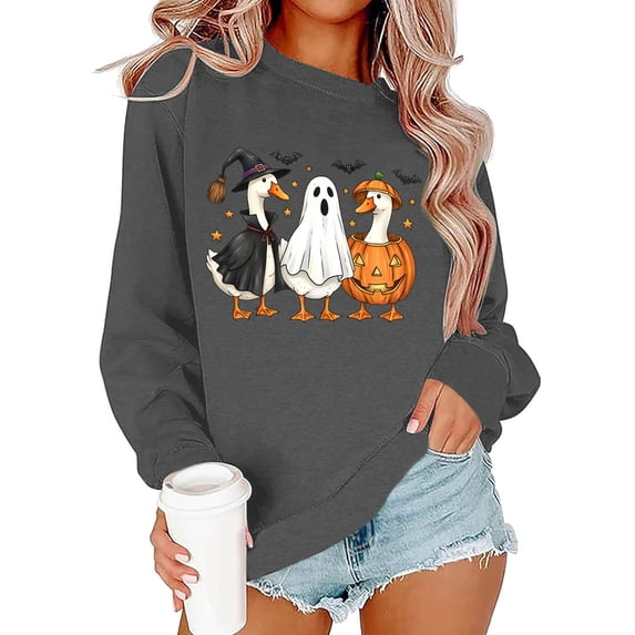Gunia Halloween Ghost Sweatshirt For Women Pumpkin Animal Print Pullover Hoodless Sweatshirt Long Sleeve Casual Crewneck Fall Tops Fashion Clothes Grey S-2Xl