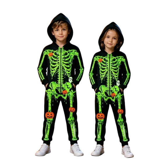 Gunia Halloween Kids Boys Girls Cosplay Skeleton Onesie Romper Role Play Jumpsuit Zip Up Toddler Casual Playsuit Outfits Black 9-10 Years