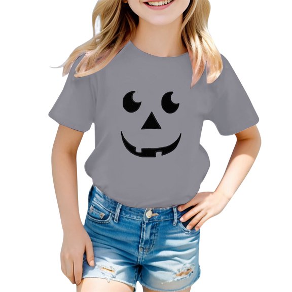 Gunia Halloween Kids Shirt Cotton Pumpkin Graphic Print Short Sleeve Crew Neck Casual Thanksgiving Tops Toddler Boy Girl Tee Shirts Grey 1-13 Years