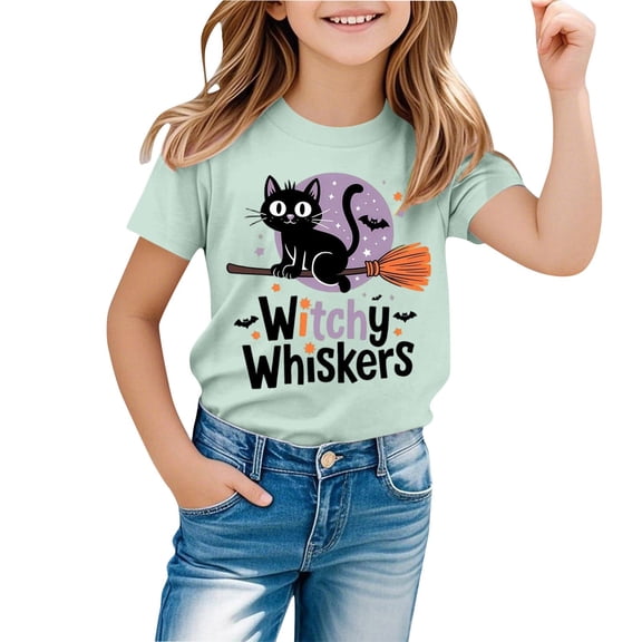 Gunia Halloween Kids Shirts Cat Graphic Print Short Sleeve Crew Neck Casual Holiday Tees Tops Toddler Boy Girl T-Shirts Green 1-13 Years