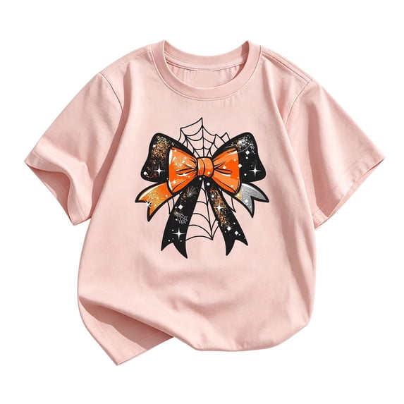 Gunia Halloween Kids T Shirt Bow Pumpkin Graphic Print Short Sleeve Crew Neck Casual Thanksgiving Tees Tops Toddler Boy Girl T-Shirts Pink 2-14 Years