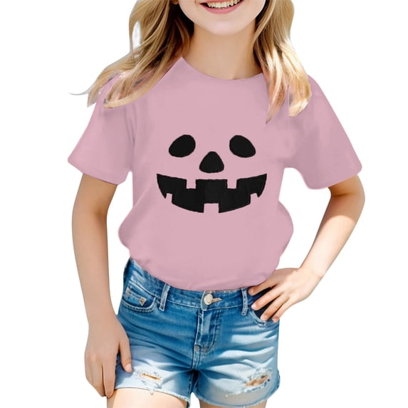 Gunia Halloween Kids T Shirts Cotton Pumpkin Graphic Print Short Sleeve Crew Neck Casual Thanksgiving Tops Toddler Boy Girl Tee Shirts Pink 1-13 Years