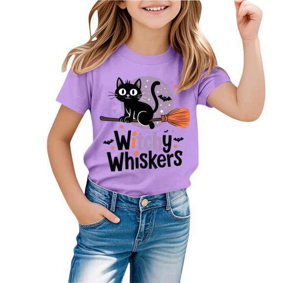 Gunia Halloween Kids Tshirts Cat Graphic Print Short Sleeve Crew Neck Casual Holiday Tees Tops Toddler Boy Girl T Shirts Purple 1-13 Years