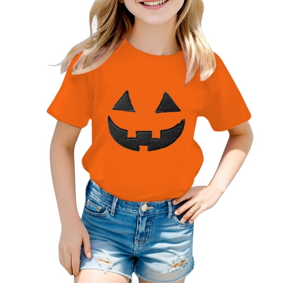 Gunia Halloween Kids Tshirts Cotton Pumpkin Graphic Print Short Sleeve Crew Neck Casual Thanksgiving Tees Tops Toddler Boys Girls T Shirts Orange 1-13 Years