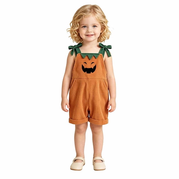 Gunia Halloween Little Girls Outfit Corduroy Pumpkin Face Straps Romper Stylish Casual Jumpsuit Outfits Orange 5-6 Years