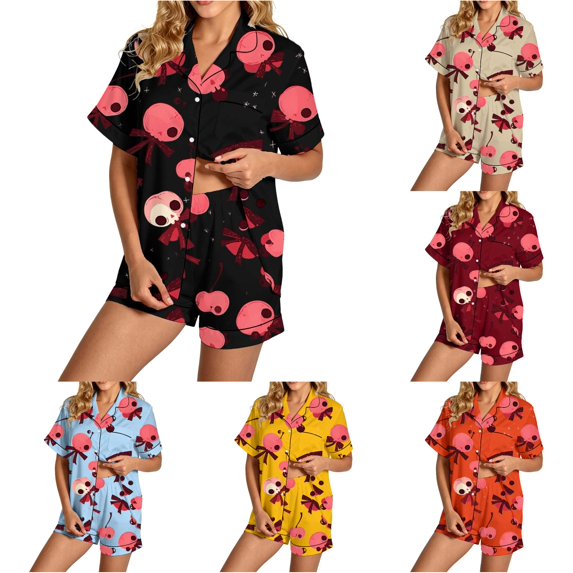 Gunia Halloween Pajamas For Women Set 2 Piece Cozy Button Up Short Sleeve Tops And Shorts Pjs Loungewear Black M