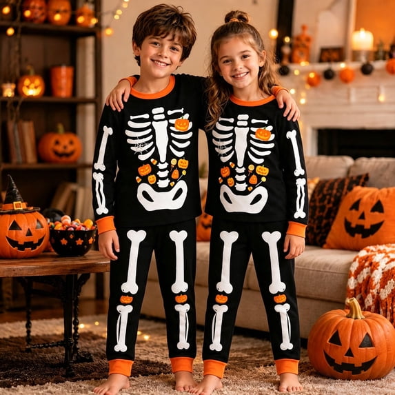 Gunia Halloween Pajamas Kids Boys Girls Skeleton Print Long Sleeve Top And Pants 2 Piece Pj'S Sleepwear Jammies Black