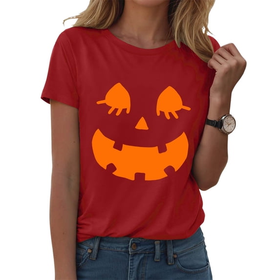 Gunia Halloween Shirts For Women Cotton Pumpkin Graphic Print Short Sleeve Crew Neck Casual Thanksgiving Tops Tees Tshirts Red S-2Xl