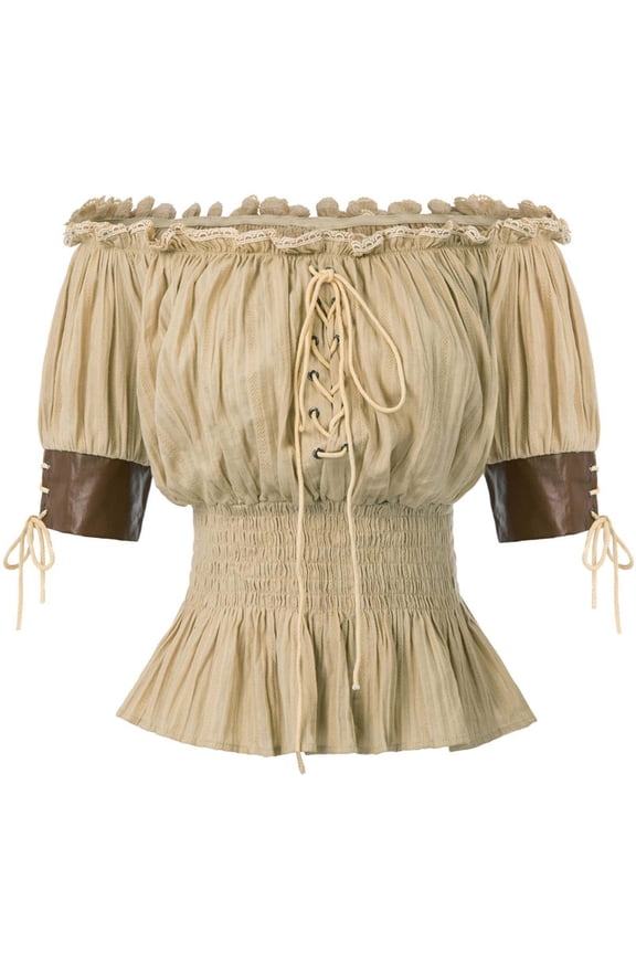 Halloween Summer Corset Tops For Women Puff Sleeve Peasant Blouse Square Neck Shirt T-Shirts Beige S-2Xl