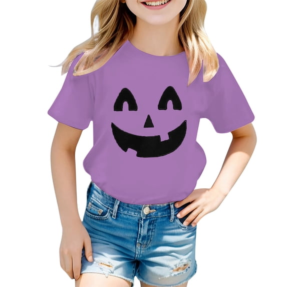 Gunia Halloween T Shirt Kids Cotton Pumpkin Graphic Print Short Sleeve Crew Neck Casual Thanksgiving Tops Toddler Boys Girls Tee Shirts Purple 1-13 Years