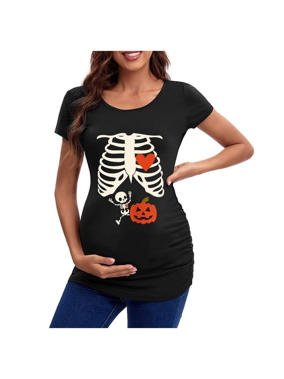 Halloween T Shirt Women Pregnant Skeleton Graphic Print Short Sleeve Crew Neck Casual Holiday Tops Tee Shirts S-2Xl