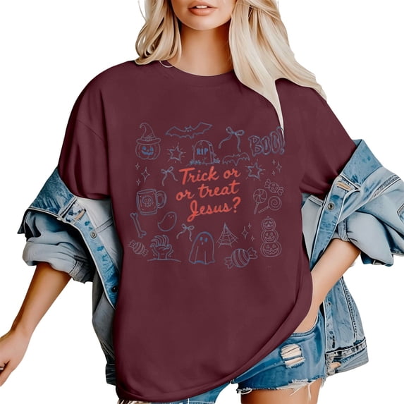 Gunia Halloween T Shirt Women Pumpkin Graphic Print Short Sleeve Crew Neck Casual Loose Thanksgiving Tops Tee Shirts Brick Red S-3Xl