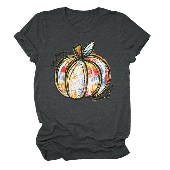 Gunia Halloween T Shirt Women Pumpkin Graphic Print Short Sleeve Crew Neck Casual Loose Thanksgiving Tops Tee Shirts Grey S-2Xl