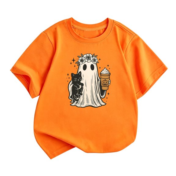 Gunia Halloween T Shirts For Kids Cat Ghost Graphic Print Short Sleeve Crew Neck Casual Holiday Tops Toddler Boys Girls Tee Shirts Orange 2-14 Years