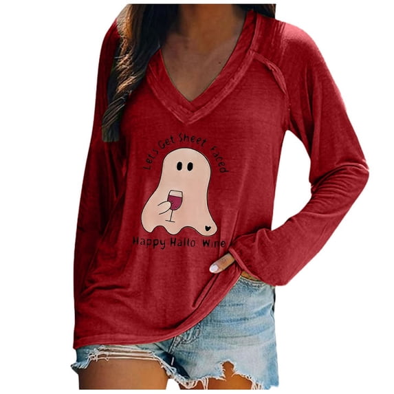 Gunia Halloween T Shirts For Women Cotton Ghost Graphic Print Short Sleeve V Neck Casual Holiday Tops Plus Size Tee Shirts Red S-5Xl