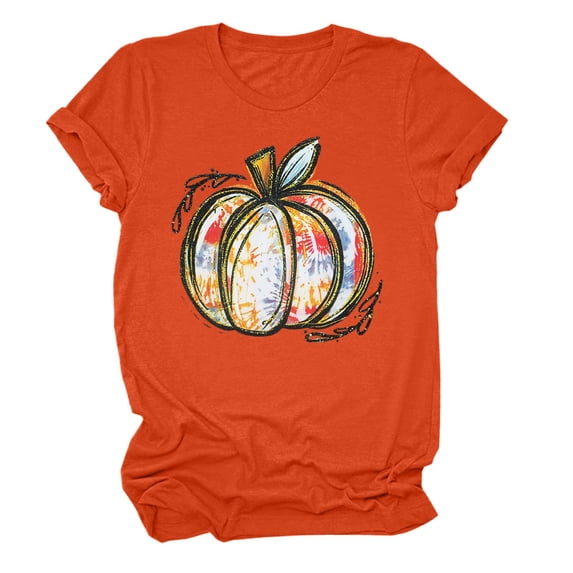 Gunia Halloween T Shirts For Women Pumpkin Graphic Print Short Sleeve Crew Neck Casual Loose Thanksgiving Tops Tee Shirts Orange S-2Xl