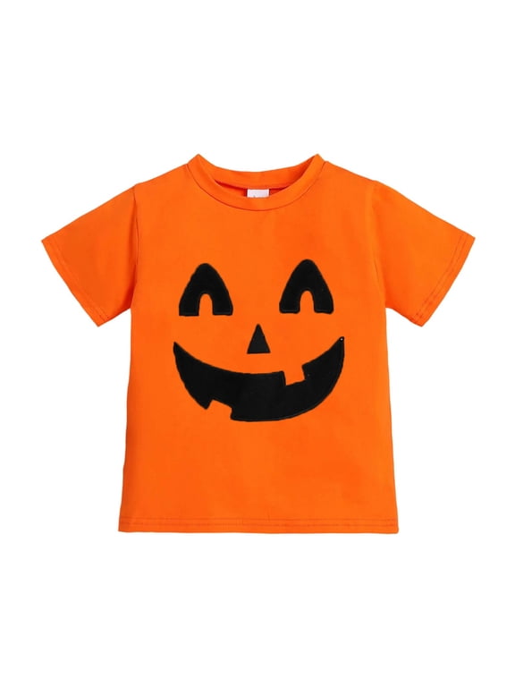 Halloween Tee Shirts Kids Cotton Pumpkin Graphic Print Short Sleeve Crew Neck Casual Thanksgiving Tops Toddler Boys Girls T-Shirts Orange 1-13 Years