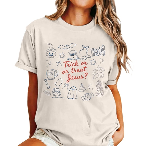 Gunia Halloween Tee Shirts Womens Pumpkin Graphic Print Short Sleeve Crew Neck Casual Loose Thanksgiving Tops T-Shirts Khaki S-3Xl