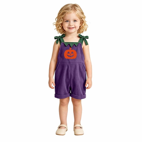 Gunia Halloween Toddler Girls Outfit Corduroy Pumpkin Face Romper Casual Party Jumpsuit With Straps Outfits Purple 2-3 Years