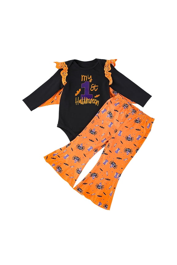 Halloween Toddler Outfits For Girls My 1St Hallowmas Long Sleeve Romper Bell Bottoms Set Cute Fall Clothes Baby Outfit,Black 9-12 Months