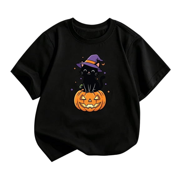 Gunia Halloween Tshirts For Kids Cat Pumpkin Graphic Print Short Sleeve Crew Neck Casual Thanksgiving Tees Tops Toddler Boys Girls T-Shirts Black 2-14 Years