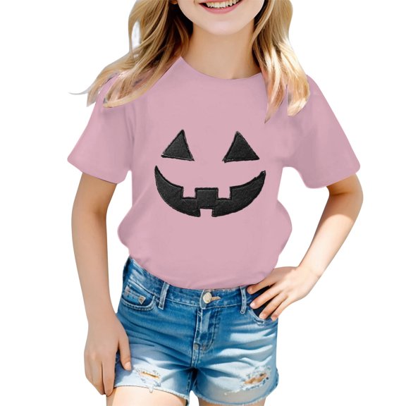 Gunia Halloween Tshirts For Kids Cotton Pumpkin Graphic Print Short Sleeve Crew Neck Casual Thanksgiving Tees Tops Toddler Boy Girl T-Shirts Pink 1-13 Years