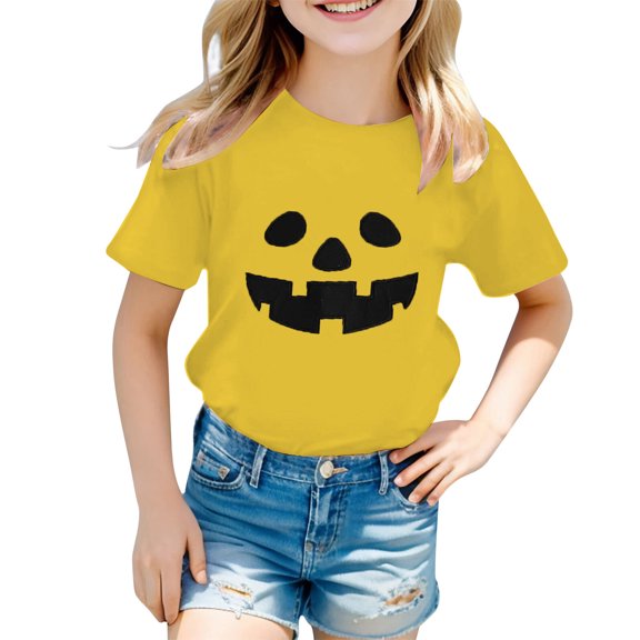 Gunia Halloween Tshirts For Kids Cotton Pumpkin Graphic Print Short Sleeve Crew Neck Casual Thanksgiving Tees Tops Toddler Boy Girl T-Shirts Yellow 1-13 Years