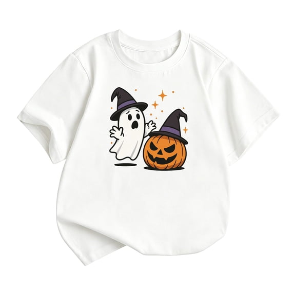 Gunia Halloween Tshirts For Kids Ghost Pumpkin Graphic Print Short Sleeve Crew Neck Casual Thanksgiving Tees Tops Toddler Boys Girls T-Shirts White 2-14 Years