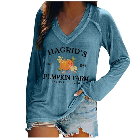 Gunia Halloween Women'S Shirts Cotton Pumpkin Graphic Print Short Sleeve V Neck Casual Thanksgiving Tees Tops Plus Size T Shirt Light Blue S-5Xl