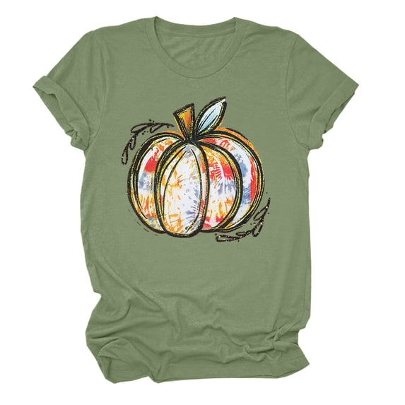 Gunia Halloween Women Shirt Pumpkin Graphic Print Short Sleeve Crew Neck Casual Loose Thanksgiving Tops Tee Shirts Green S-2Xl