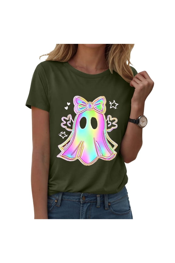 Gunia Halloween Women Shirts Cotton Ghost Graphic Print Short Sleeve Crew Neck Casual Holiday Tops Tees T Shirts Army Green S-2Xl