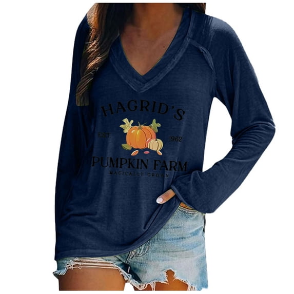 Gunia Halloween Women Shirts Cotton Pumpkin Graphic Print Short Sleeve V Neck Casual Thanksgiving Tees Tops Plus Size T Shirts Blue S-5Xl