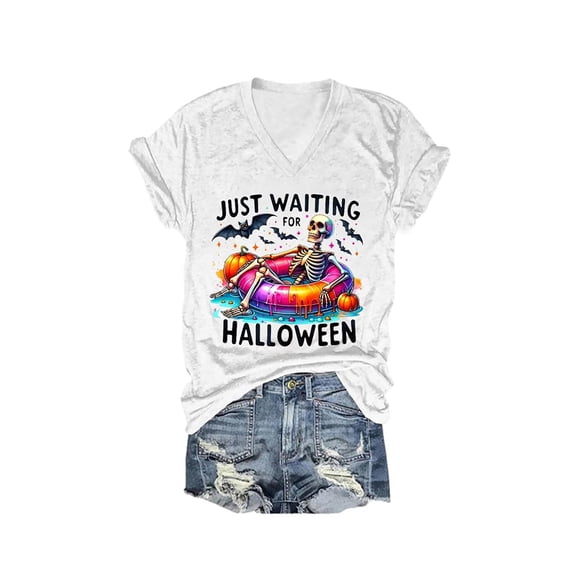 Gunia Halloween Womens Shirt Funny Graphic Print Short Sleeve V Neck Casual Holiday Tees Tops Plus Size T-Shirts White S-5Xl