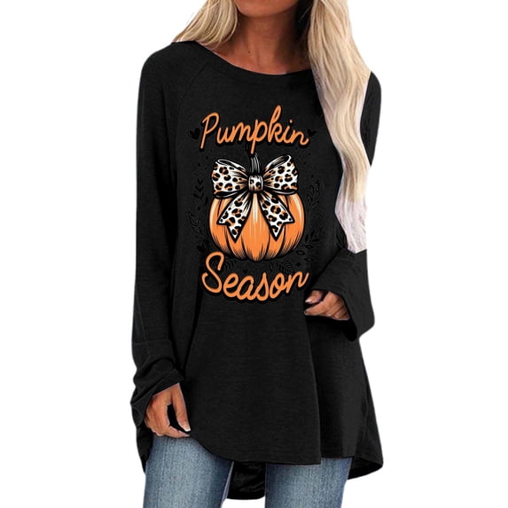 Gunia Halloween Womens Shirt Pumpkin Graphic Print Long Sleeve Crew Neck Casual Loose Thanksgiving Tops Tee T-Shirts Black S-3Xl