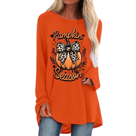 Gunia Halloween Womens Shirt Pumpkin Graphic Print Long Sleeve Crew Neck Casual Loose Thanksgiving Tops Tees T-Shirts Orange S-3Xl
