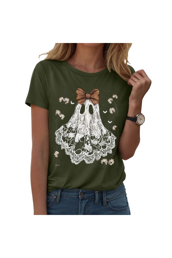 Gunia Halloween Womens T Shirts Cotton Ghost Graphic Print Short Sleeve Crew Neck Casual Holiday Tops Tee Shirts Army Green S-2Xl