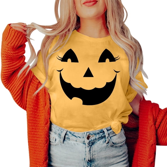 Gunia Halloween Womens T Shirts Cotton Pumpkin Graphic Print Short Sleeve Crew Neck Casual Thanksgiving Tops Tee Shirts Yellow S-2Xl