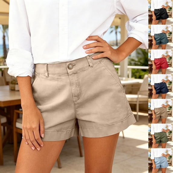 Gunia High Waisted Shorts Women Stretch Stretchy Wide-Leg Lose Cargo Shorts Pockets Button Short Pants Lightweight Daily Wear Summer Ladies Comfortable Clothes Beige