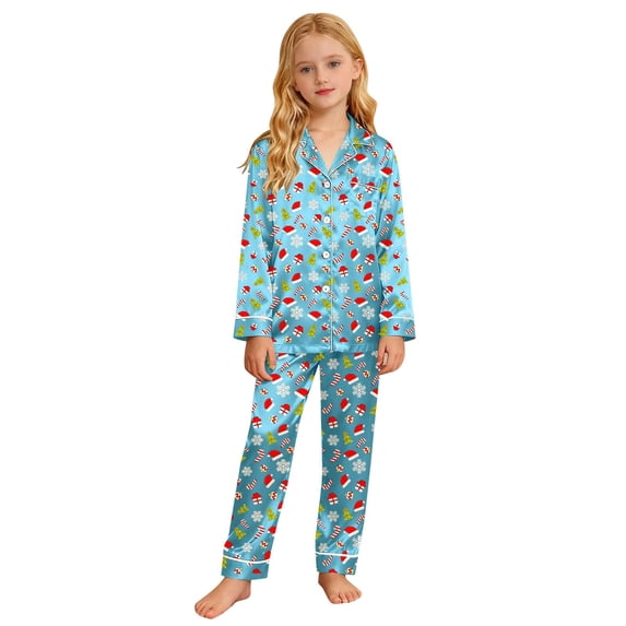 Gunia Kids Boys Girls Christmas Loungewear Print Long Sleeve Top With Pants Soft Comfortable Holiday Festive Party Sleepover Family Matching Outfits Pj'S Pajama Light Blue 9-10 Years