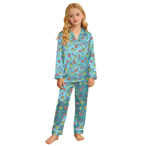 Gunia Kids Boys Girls Christmas Pajama Print Long Sleeve Top With Pants Soft Comfortable Holiday Festive Party Sleepover Family Matching Outfits Pj'S Loungewear Light Blue 5-6 Years