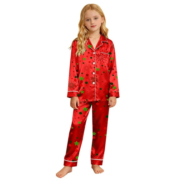Gunia Kids Boys Girls Christmas Pajama Print Soft Satin Two Piece Holiday Festive Party Comfortable Nightwear Outfit Pj'S Loungewear Red 13-14 Years