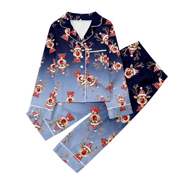 Gunia Kids Boys Girls Christmas Sleepwear Children Casual Printed Button Down Lapel Long Sleeve Top Pants Set Pjs Pajamas Sky Blue 3-4 Years