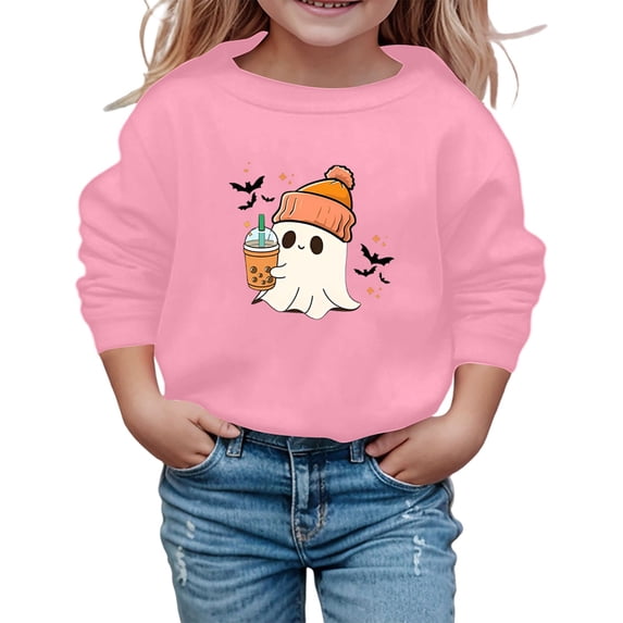 Gunia Kids Boys Girls Halloween Ghost Sweatshirt Cute Graphic Long Sleeve Crewneck Pullover Casual Top For Fall Winter School Comfortable Soft Clothes Pink 9-10 Years