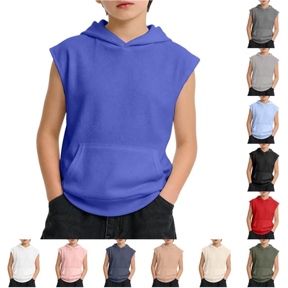 Gunia Kids Boys Tshirts Tank Tops Undershirt Hoodie Sleeveless Athletic Workout Hooded Shirts Muscle Tees Basic T Shirt T-Shirts Blue 7-8 Years