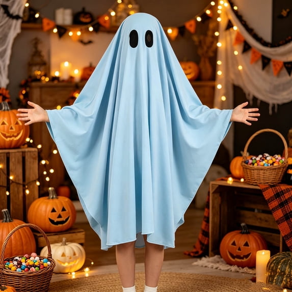 Gunia Kids Ghost Poncho Cape Cloak Cosplay Halloween Costume Role Play Dress-Up Outfits For Boy Girl Stage Performance Holiday Party Wear,Blue
