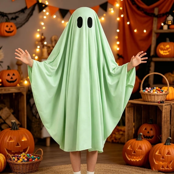 Gunia Kids Ghost Poncho Cape Cloak Cosplay Halloween Costume Role Play Dress-Up Outfits For Boy Girl Stage Performance Holiday Party Wear,Green
