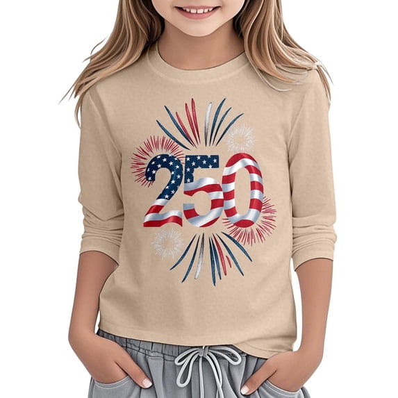 Gunia Kids Girls 250 Anniversary Shirt 3/4 Sleeve 4Th Of July Independence Day Flag Patriotic Casual Crewneck Tops Tee Breathable T-Shirt For Toddler To Teen 3-13 Years