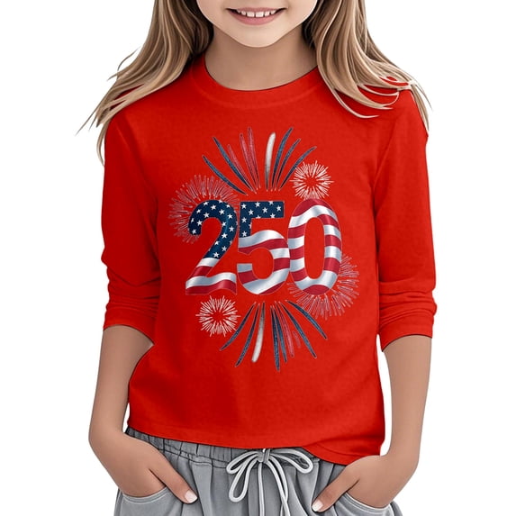 Gunia Kids Girls 250Th Anniversary Shirt 3/4 Sleeve 4Th Of July Independence Day Flag Patriotic Casual Crewneck Tops Tee Comfortable T-Shirt For Toddler To 3-13 Years