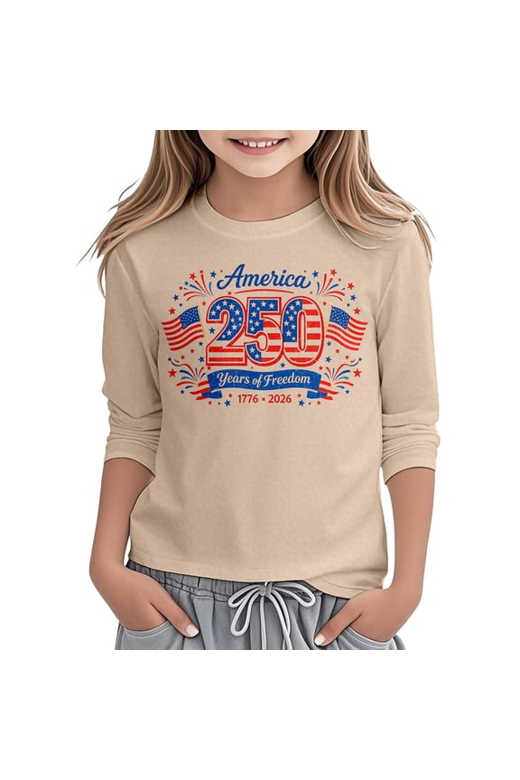 Kids Girls 250Th Anniversary Shirt 3/4 Sleeve 4Th Of July Independence Day Flag Patriotic Casual Crewneck Tops Tee Leisure T Shirt For Toddler To Teen 3-13 Years