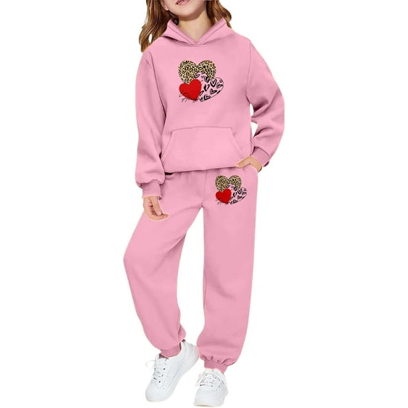 Gunia Kids Girls Athletic Sweatsuit 2 Piece Hooded With Leopard Print Heart Design Jogger Outfit Toddler Kids Casual Wear Breathable Clothes Set Cute Outfits For Girls 2-13 Years